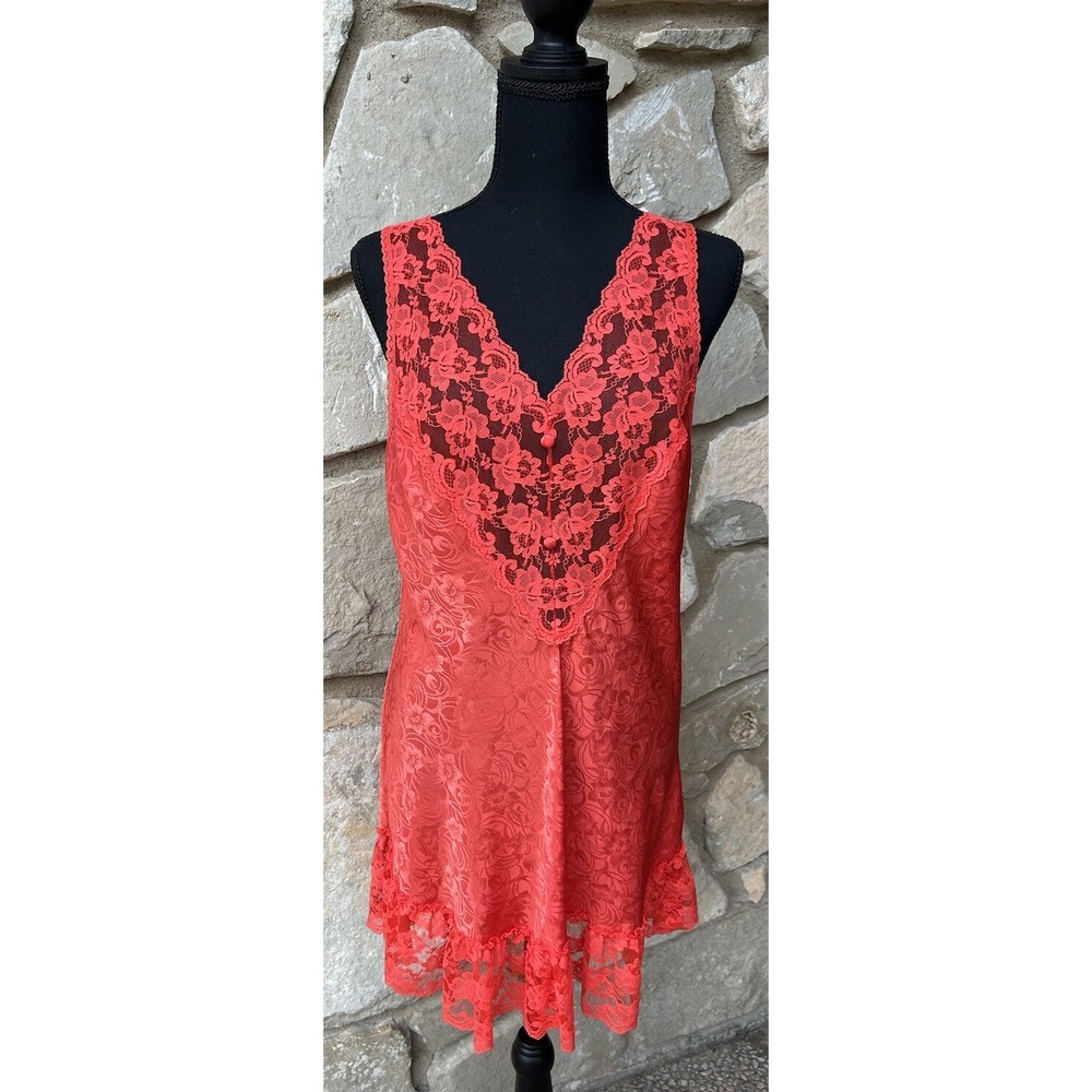 Vintage Val Mode Nightgown Medium Red Liquid Satin Lace Excellent Condition